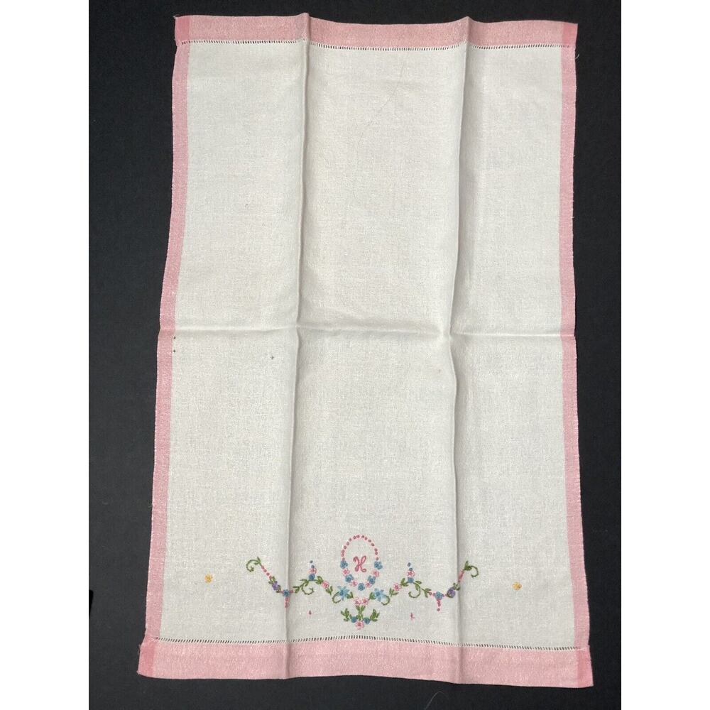 Vintage Tea Towel Set Monogram H K X Embroidered Tiny Flowers Pink Blue - Picture 4 of 16